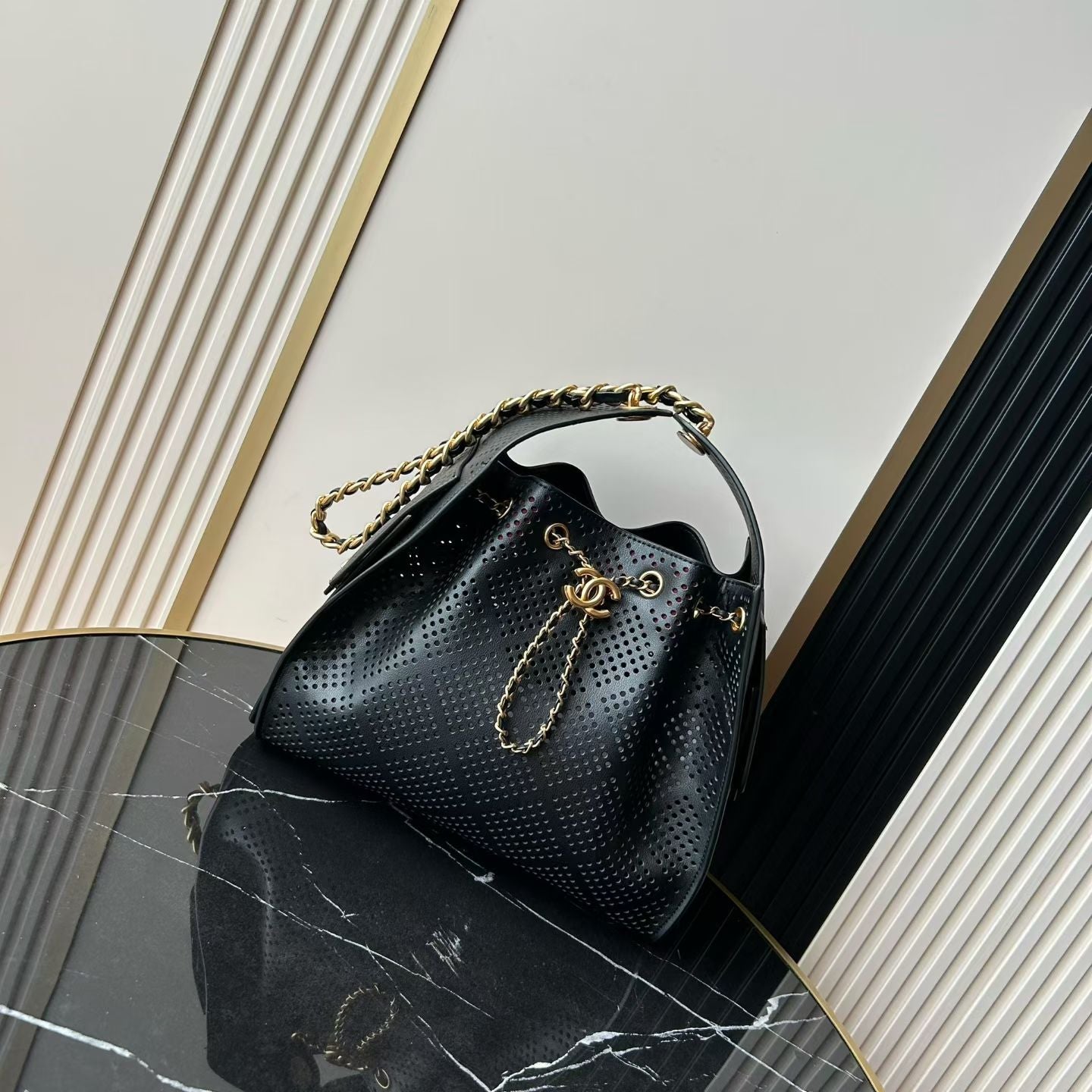 CHANEL 26S HOBO BAG MEDIUM 30 IN BLACK PERFORATED CALFSKIN GOLD HARDWARE