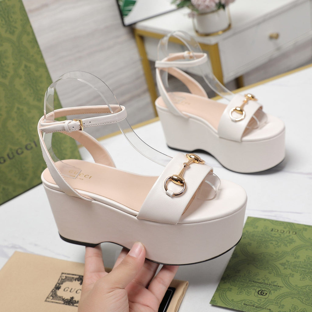 GG  Horsebit Wedges Sandals White