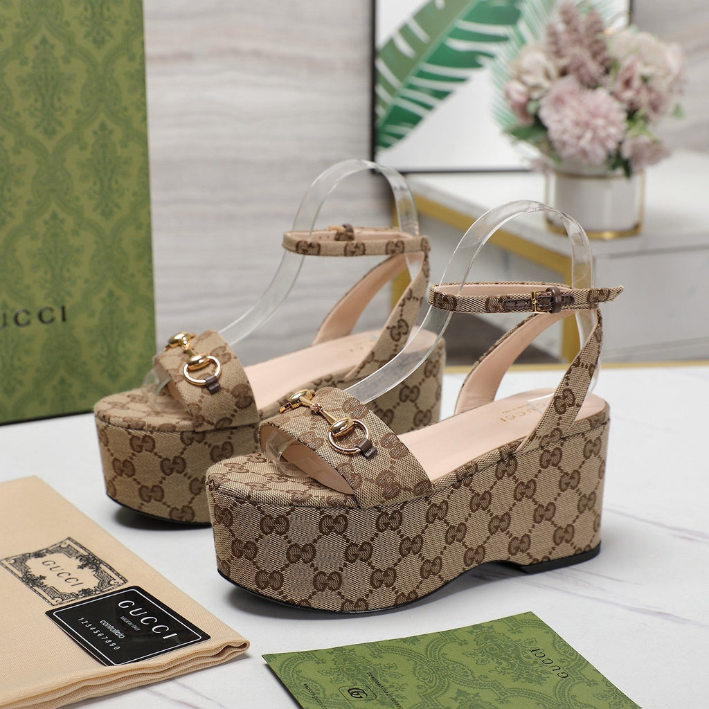 GG  Horsebit Wedges Sandals Brown
