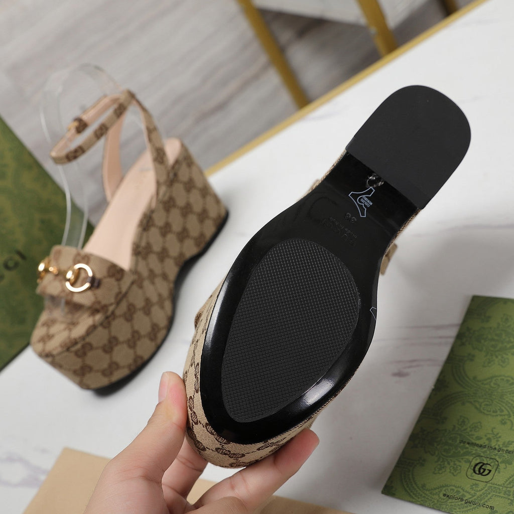 GG  Horsebit Wedges Sandals Brown
