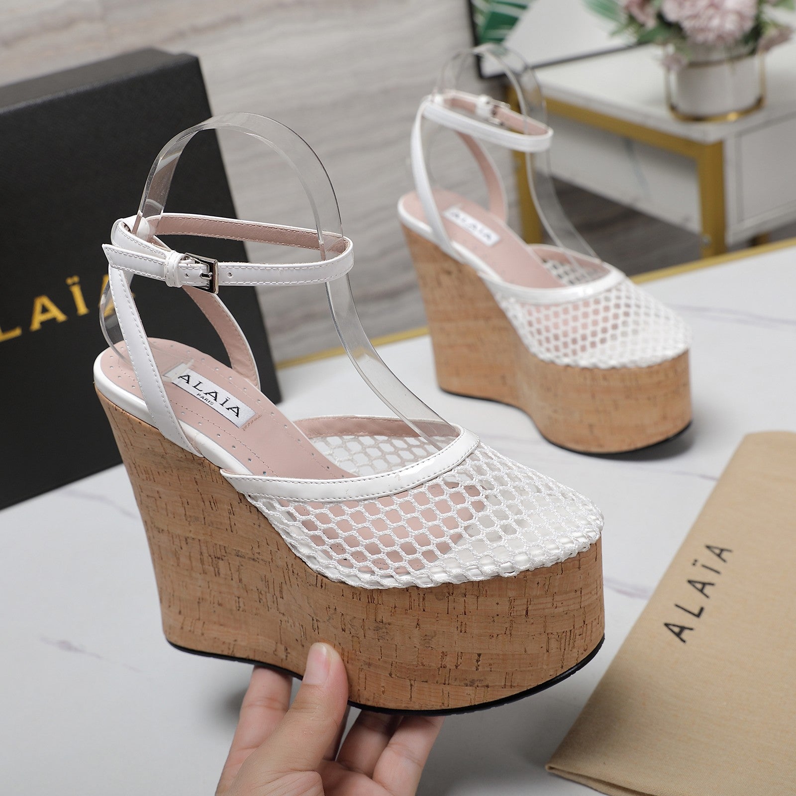 ALAIA WEDGE SANDAL IN WHITE MESH AND BEIGE RUBBER
