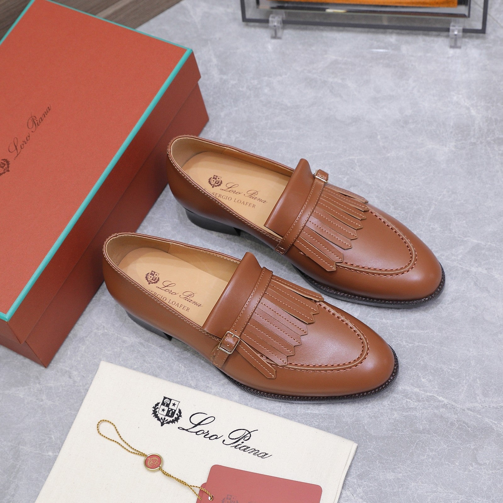 LP 26S SERGIO TASSEL LOAFERS IN CARAMEL BROWN CALFSKIN GOLD HARDWARE