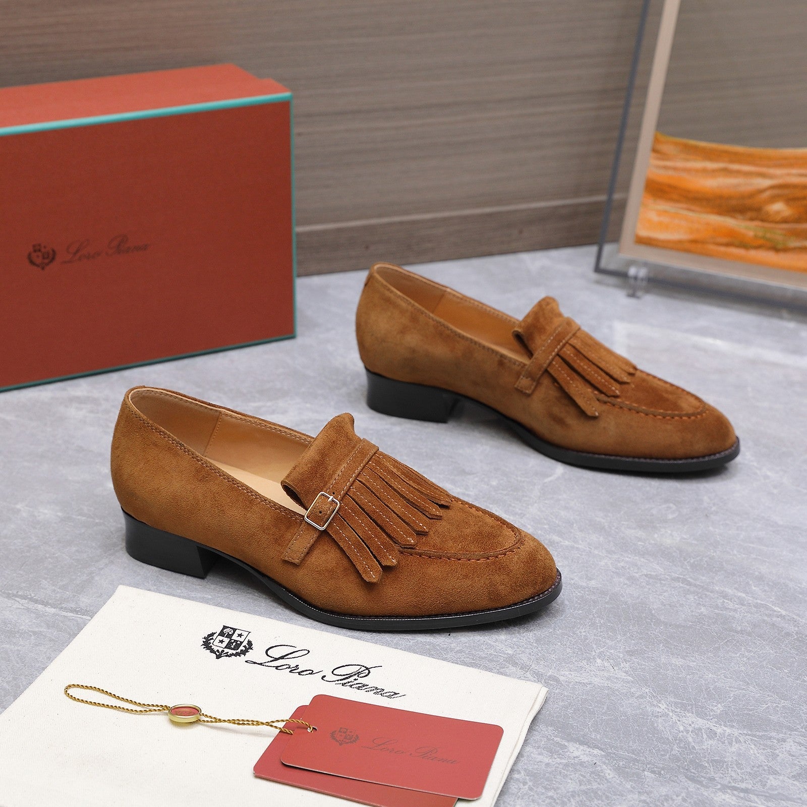 LP 26S SERGIO TASSEL LOAFERS IN CARAMEL BROWN SUEDE GOLD HARDWARE