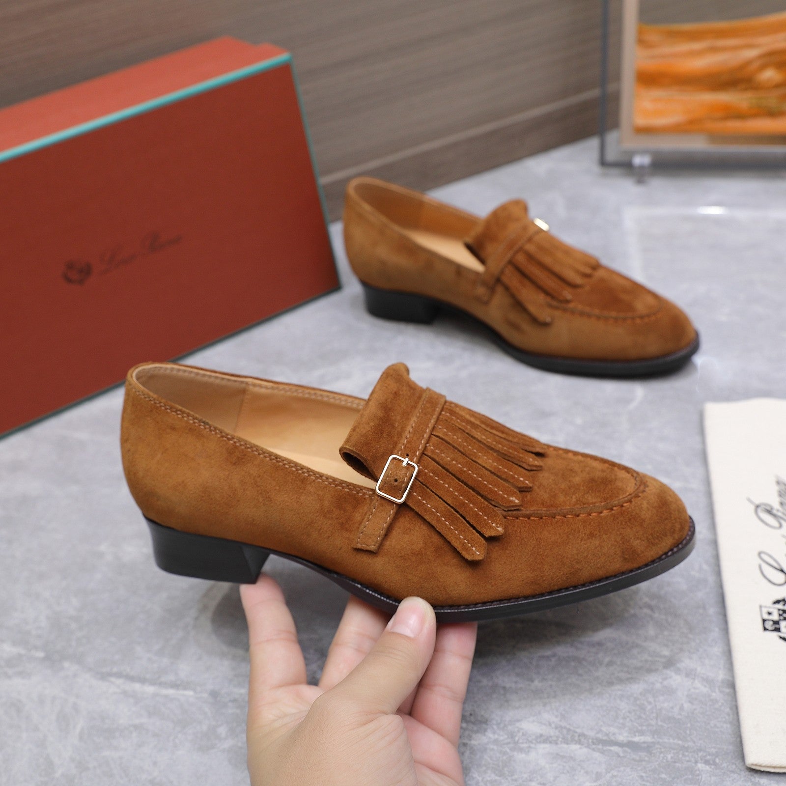 LP 26S SERGIO TASSEL LOAFERS IN CARAMEL BROWN SUEDE GOLD HARDWARE