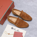 LP 26S SERGIO TASSEL LOAFERS IN CARAMEL BROWN SUEDE GOLD HARDWARE
