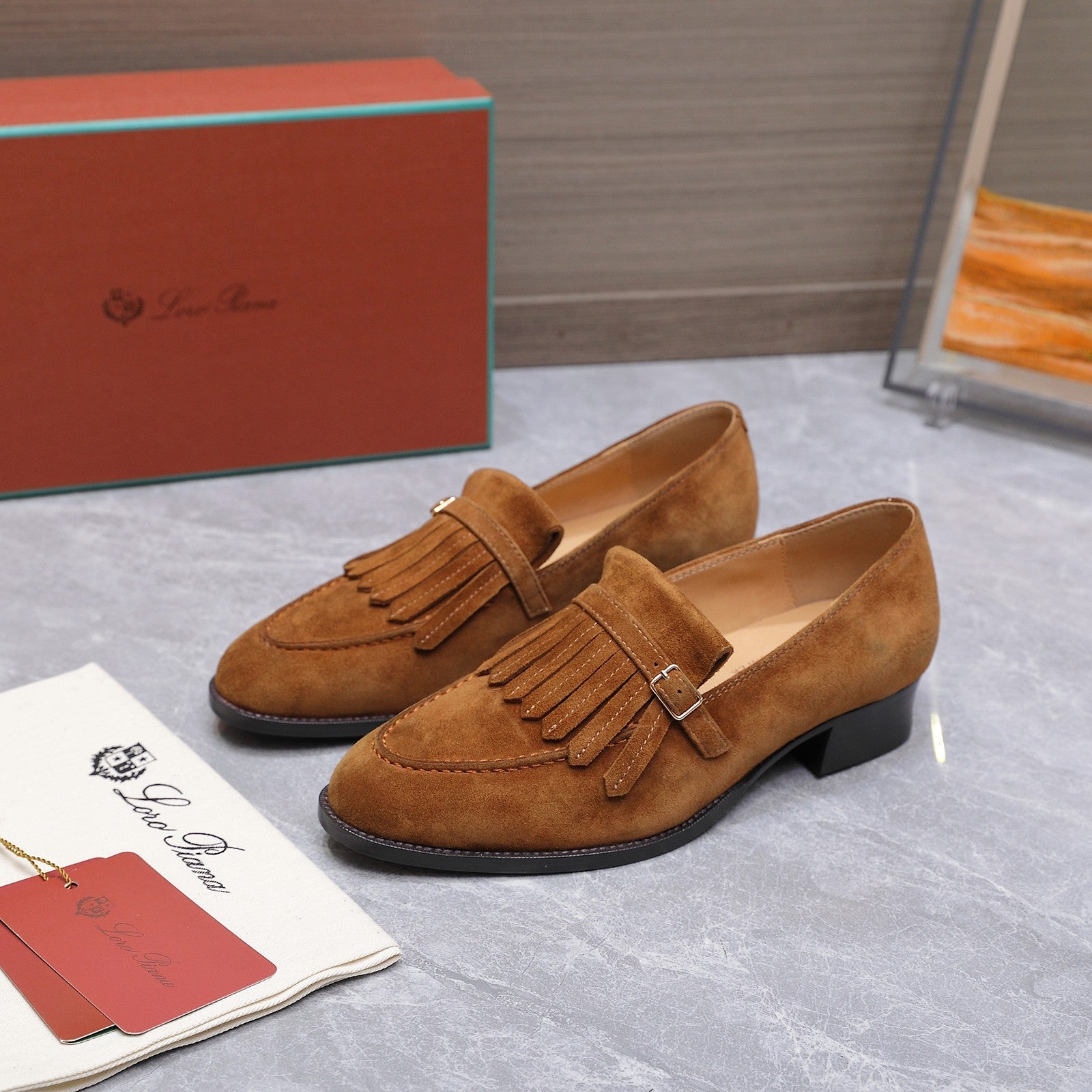 LP 26S SERGIO TASSEL LOAFERS IN CARAMEL BROWN SUEDE GOLD HARDWARE