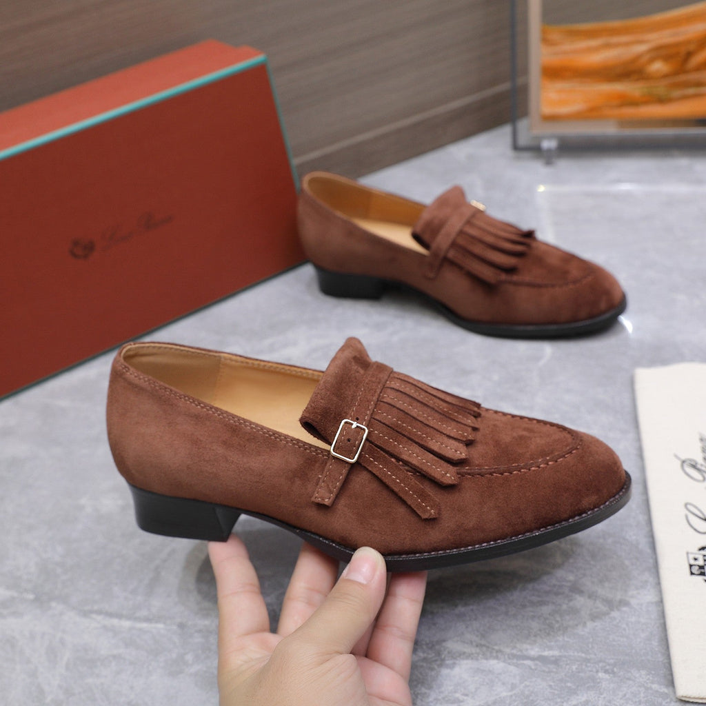 LP 26S SERGIO TASSEL LOAFERS IN CHOCOLATE BROWN SUEDE GOLD HARDWARE
