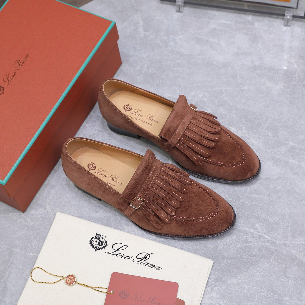 LP 26S SERGIO TASSEL LOAFERS IN CHOCOLATE BROWN SUEDE GOLD HARDWARE