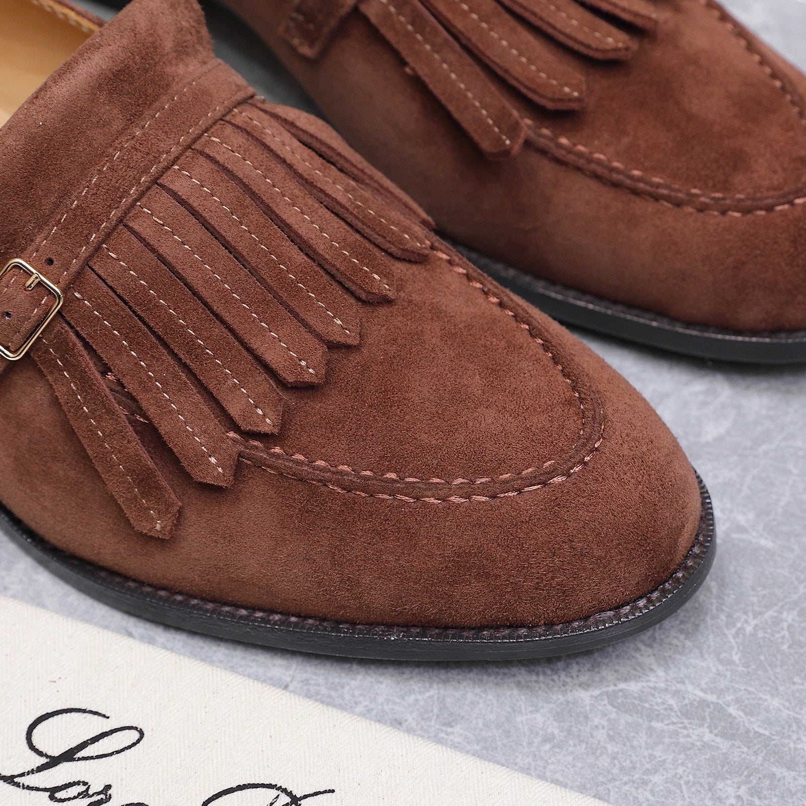 LP 26S SERGIO TASSEL LOAFERS IN CHOCOLATE BROWN SUEDE GOLD HARDWARE