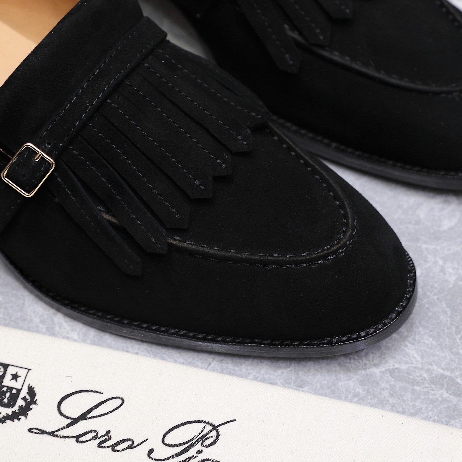 LP 26S SERGIO TASSEL LOAFERS IN BLACK SUEDE SILVER HARDWARE