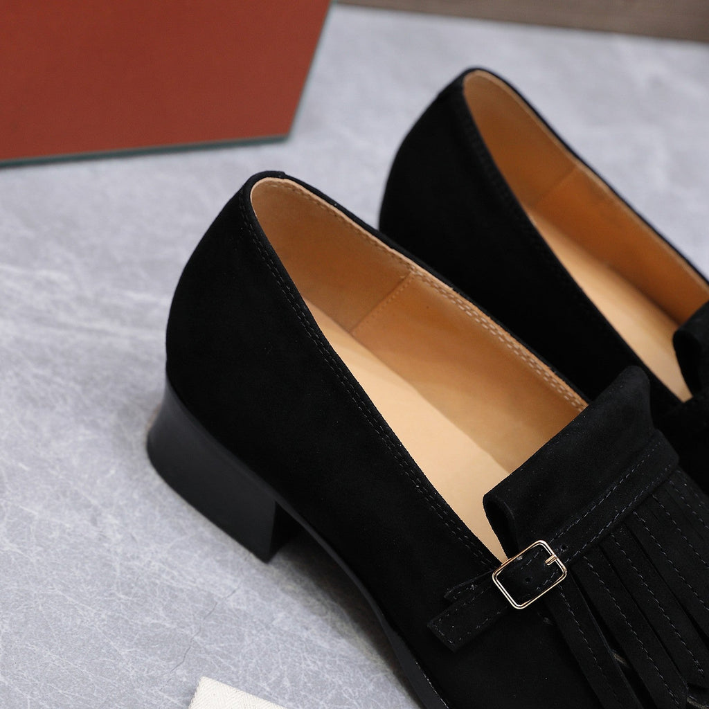 LP 26S SERGIO TASSEL LOAFERS IN BLACK SUEDE SILVER HARDWARE