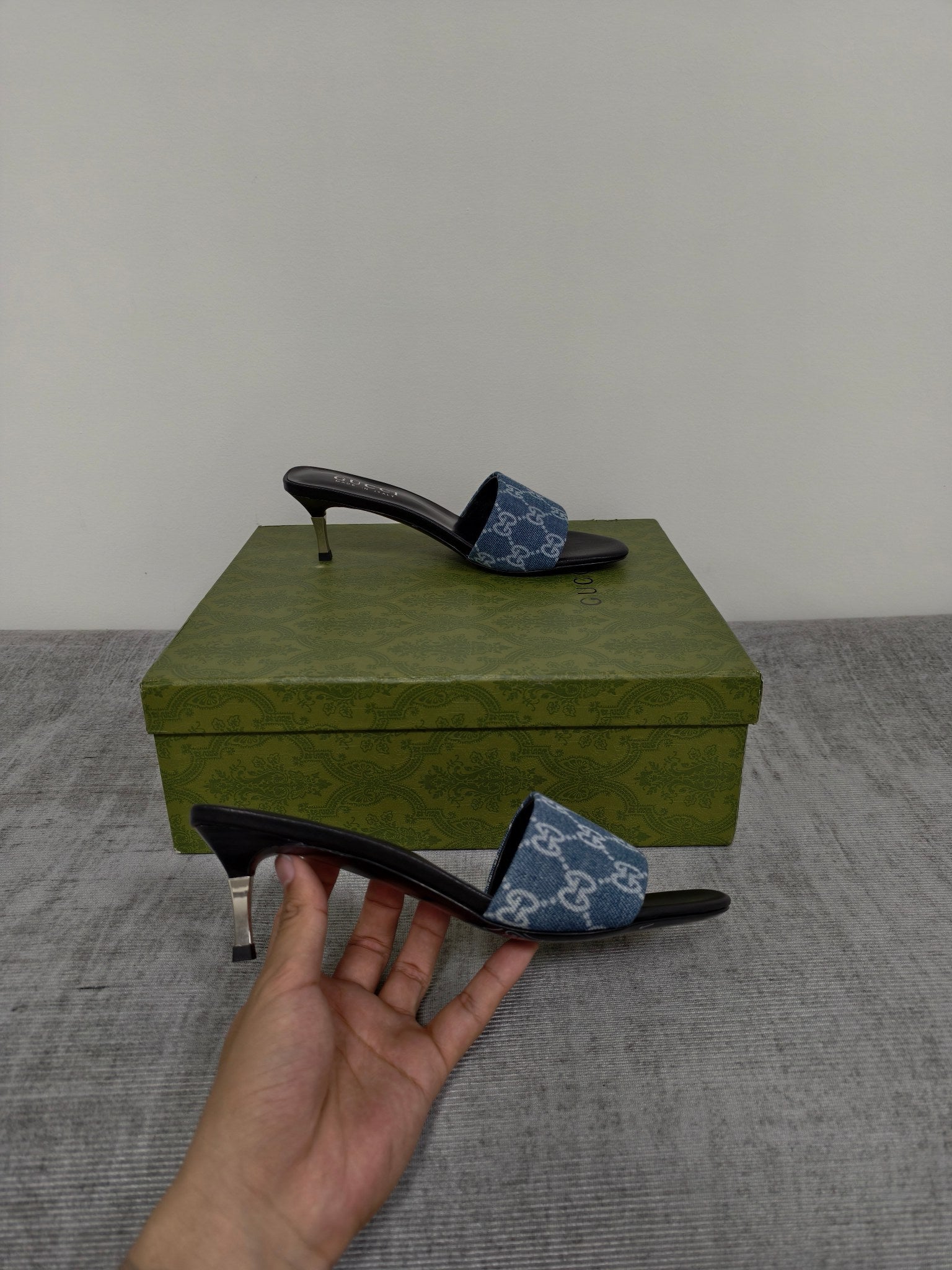 GUCCI 26S MULE SANDALS 55MM IN BLUE GG DENIM