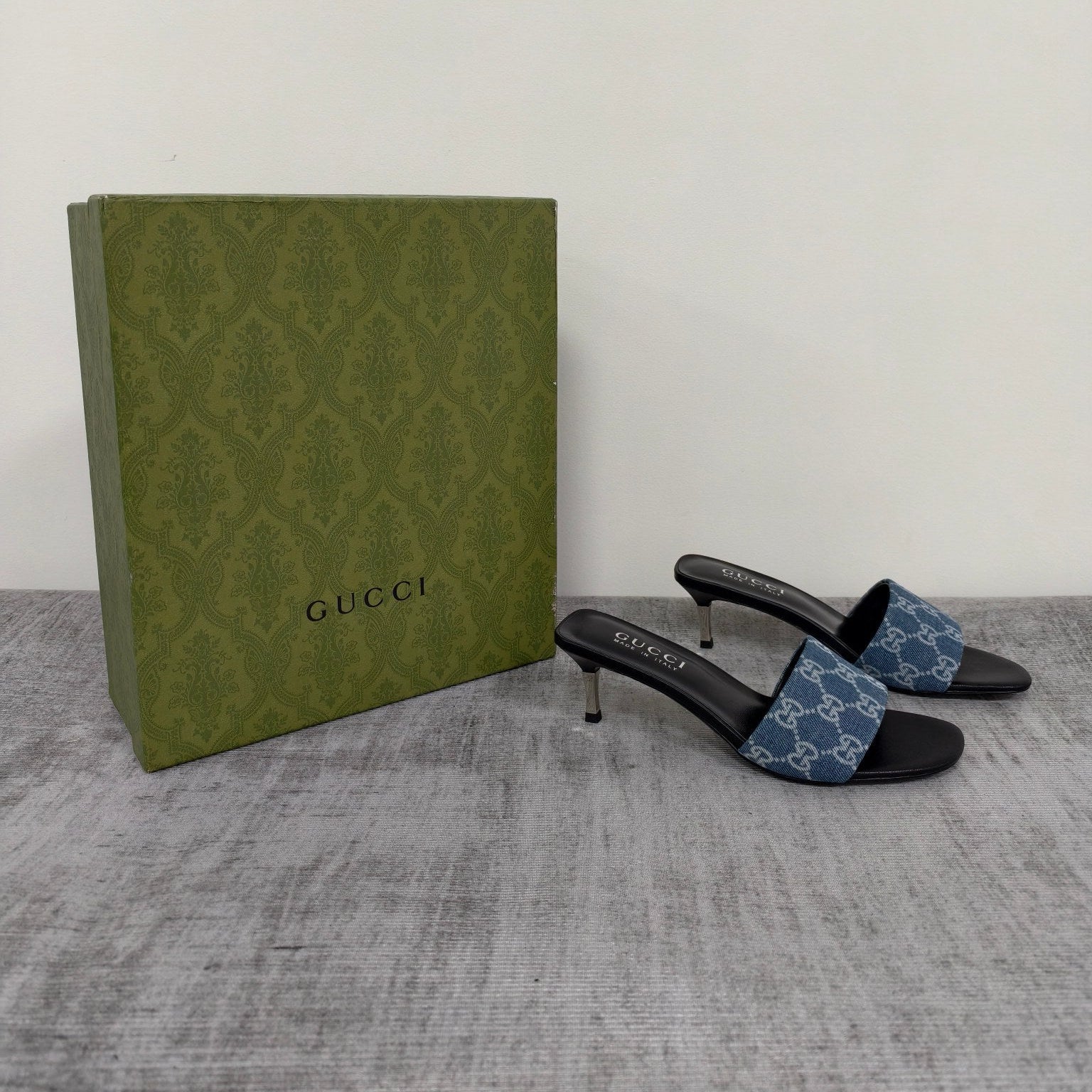 GUCCI 26S MULE SANDALS 55MM IN BLUE GG DENIM