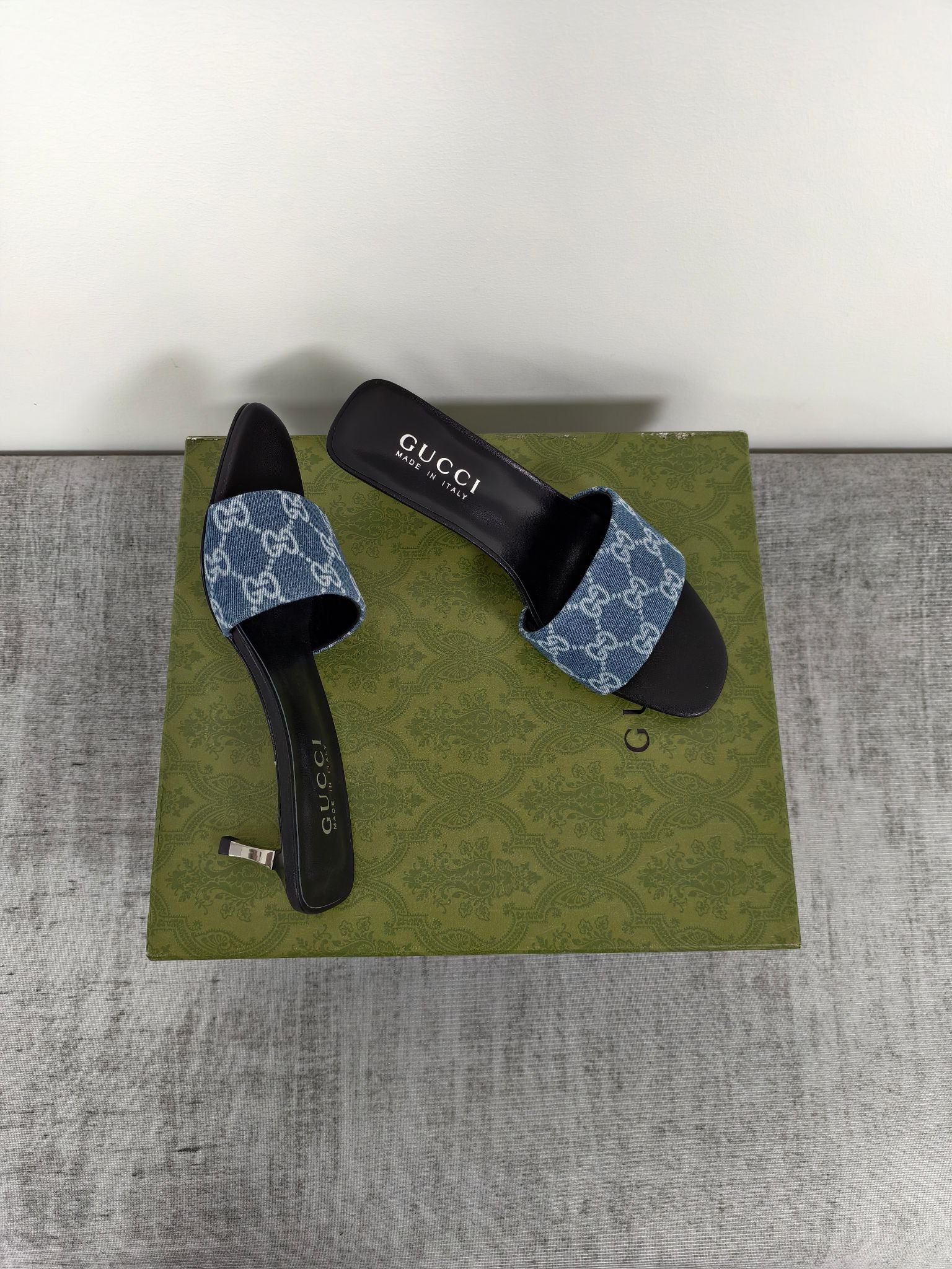 GUCCI 26S MULE SANDALS 55MM IN BLUE GG DENIM