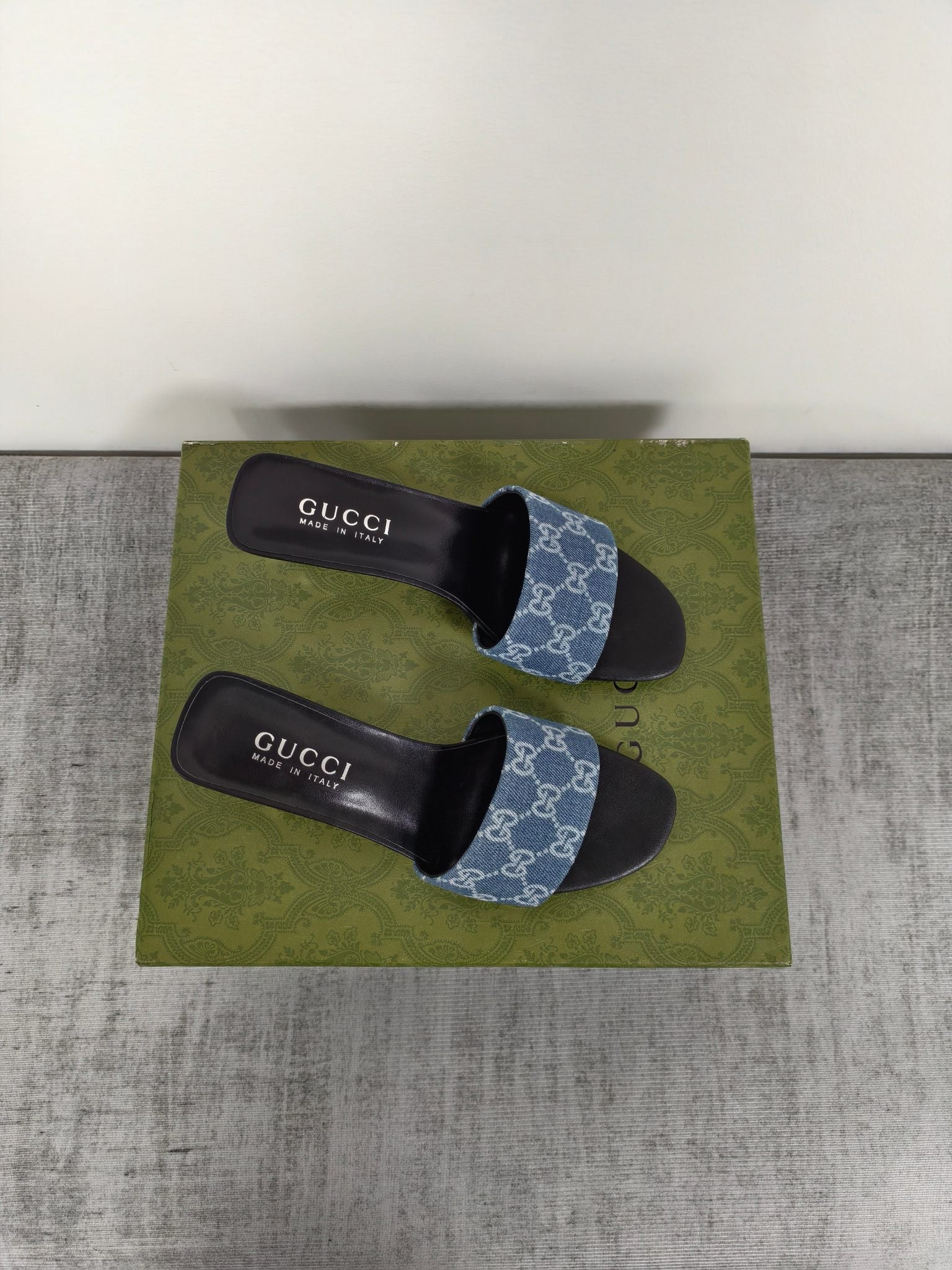 GUCCI 26S MULE SANDALS 55MM IN BLUE GG DENIM