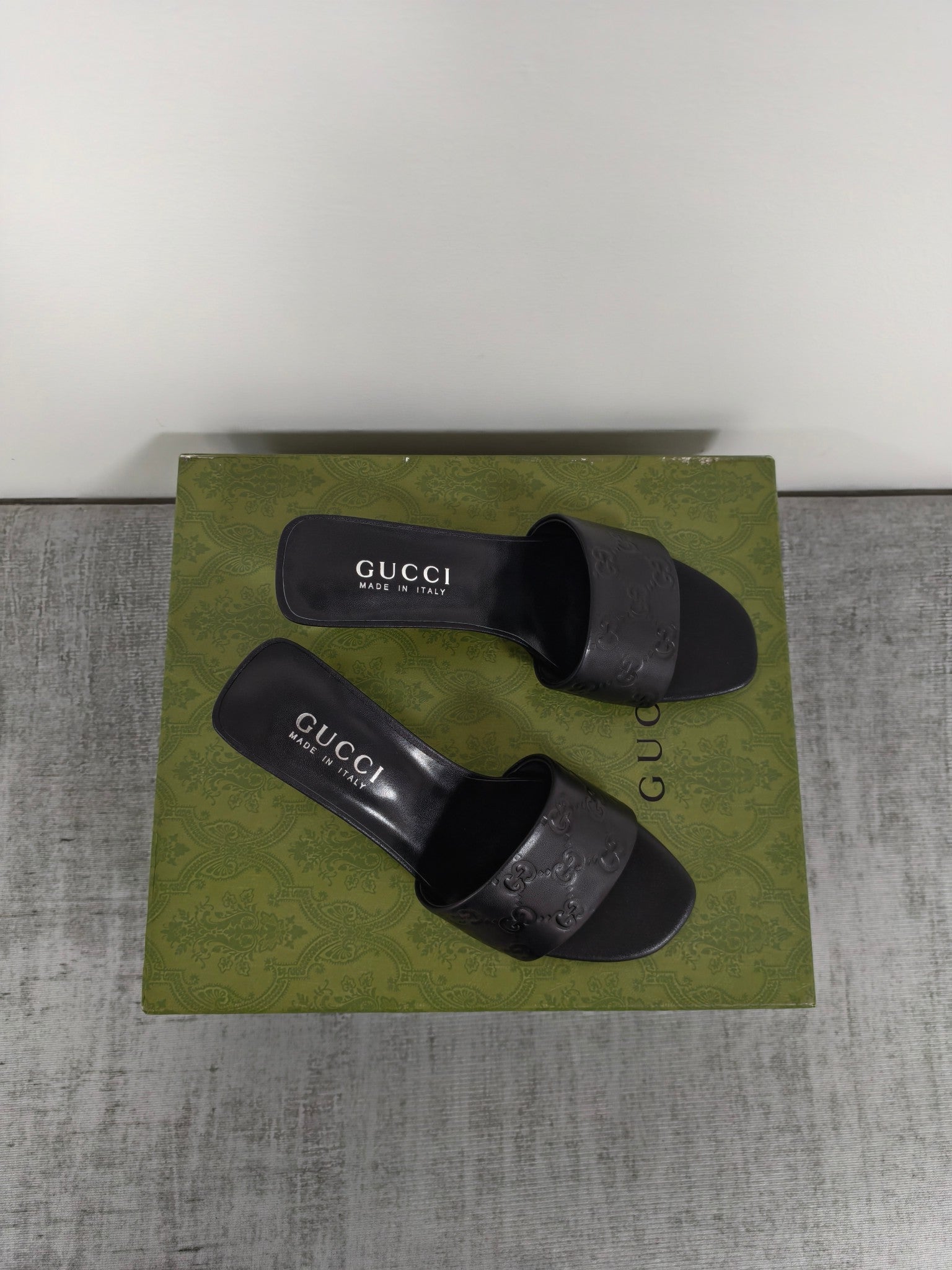 GUCCI 26S MULE SANDALS 55MM IN BLACK CALFSKIN GG EMBOSSED
