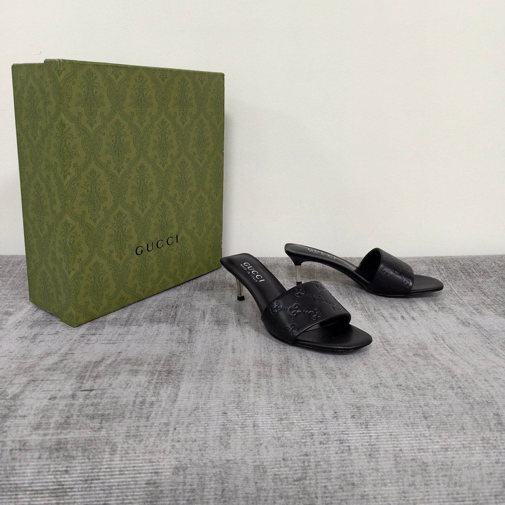 GUCCI 26S MULE SANDALS 55MM IN BLACK CALFSKIN GG EMBOSSED