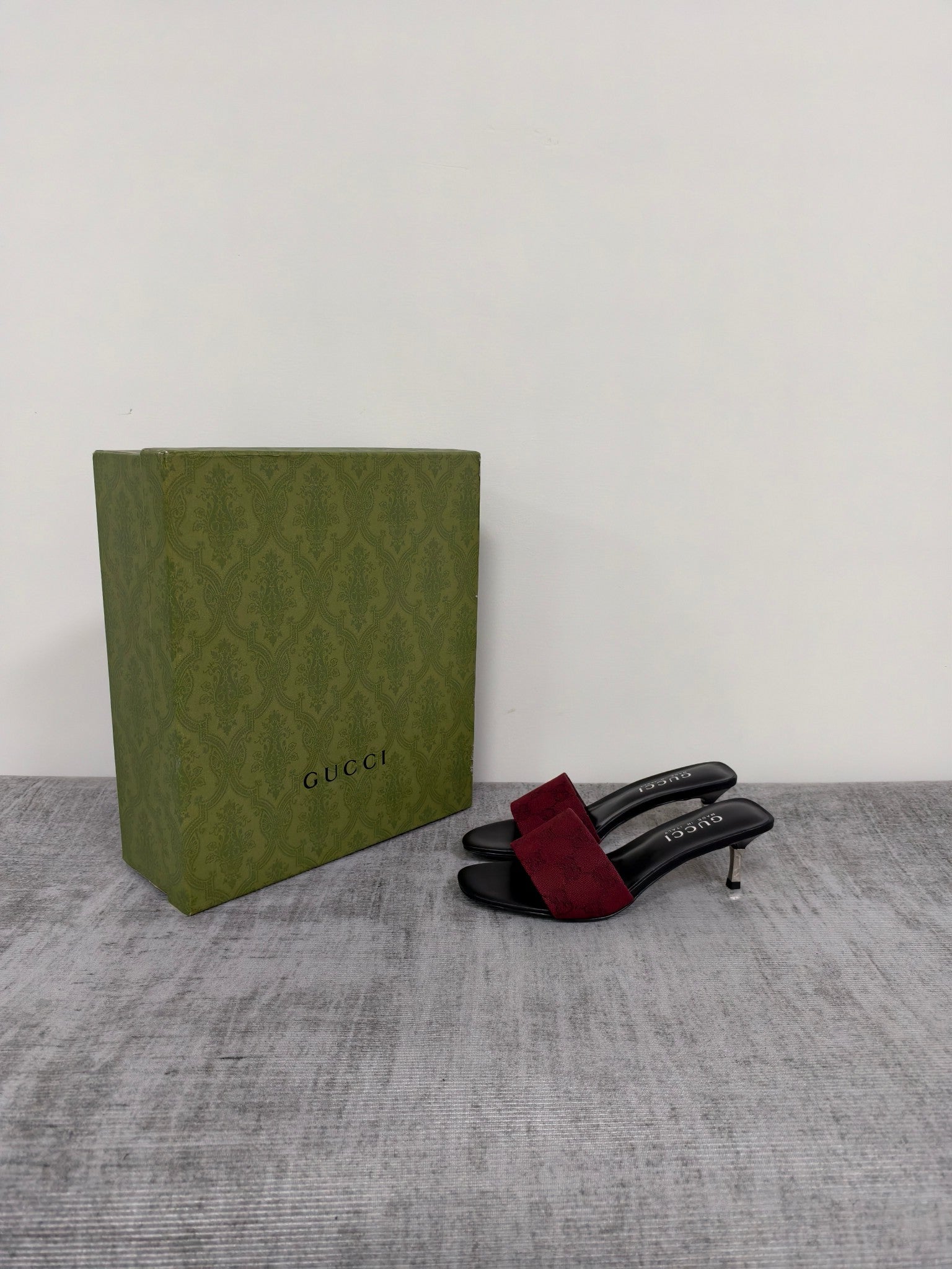GUCCI 26S MULE SANDALS 55MM IN DARK RED GG CANVAS