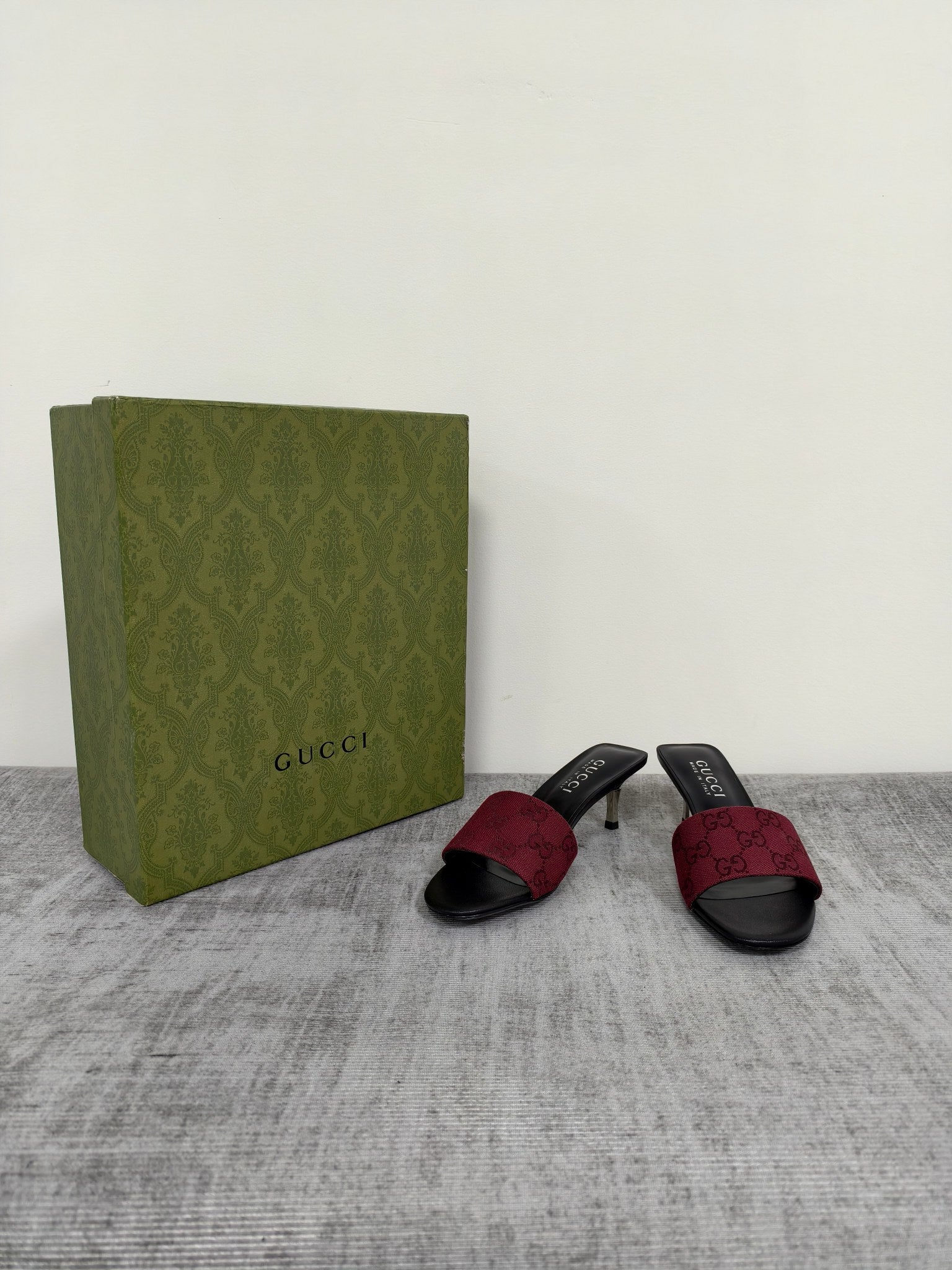 GUCCI 26S MULE SANDALS 55MM IN DARK RED GG CANVAS