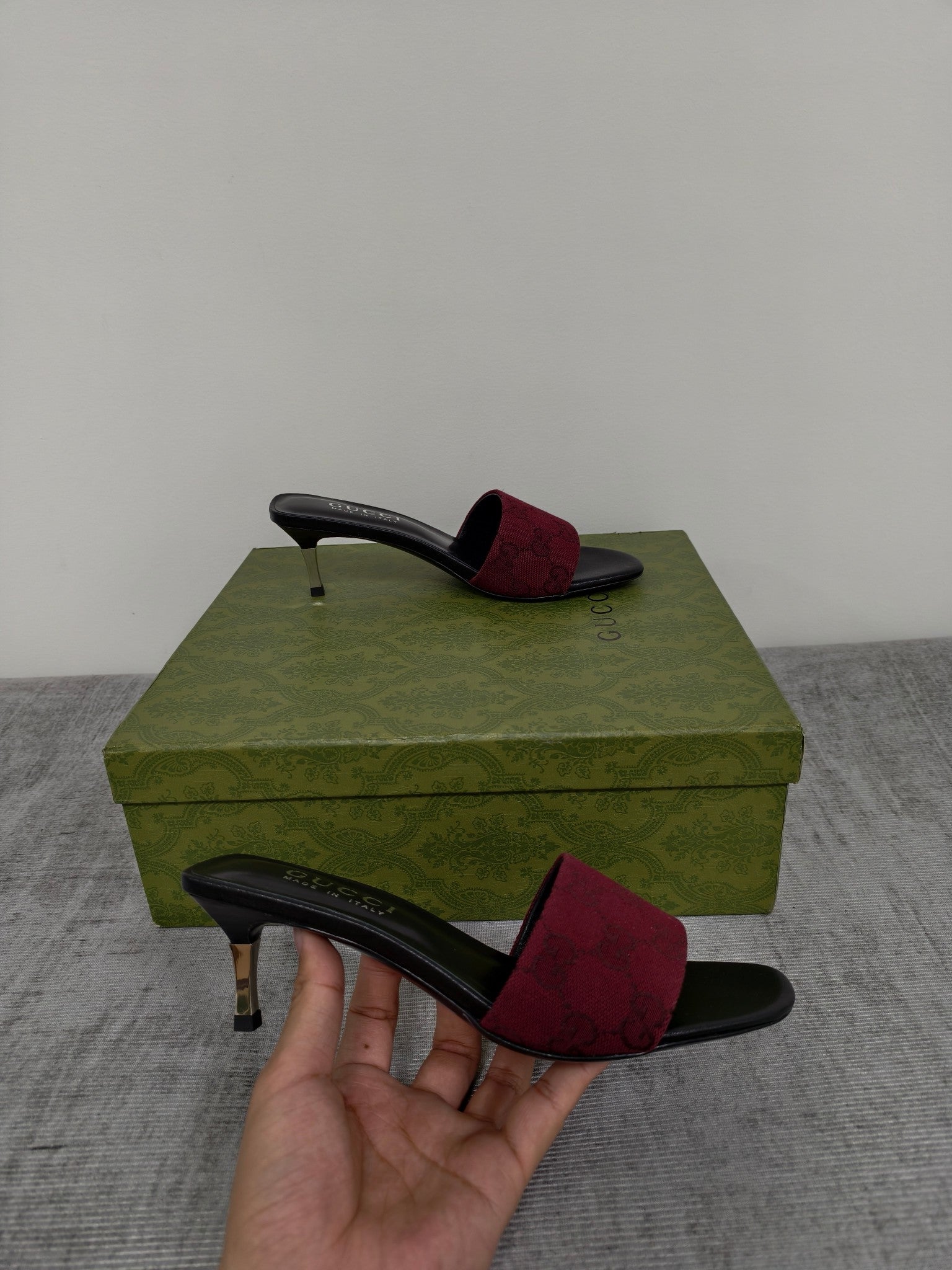 GUCCI 26S MULE SANDALS 55MM IN DARK RED GG CANVAS