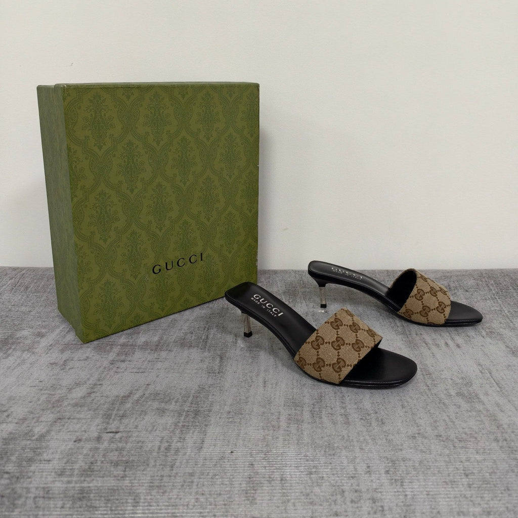 GUCCI 26S MULE SANDALS 55MM IN BEIGE BROWN GG CANVAS