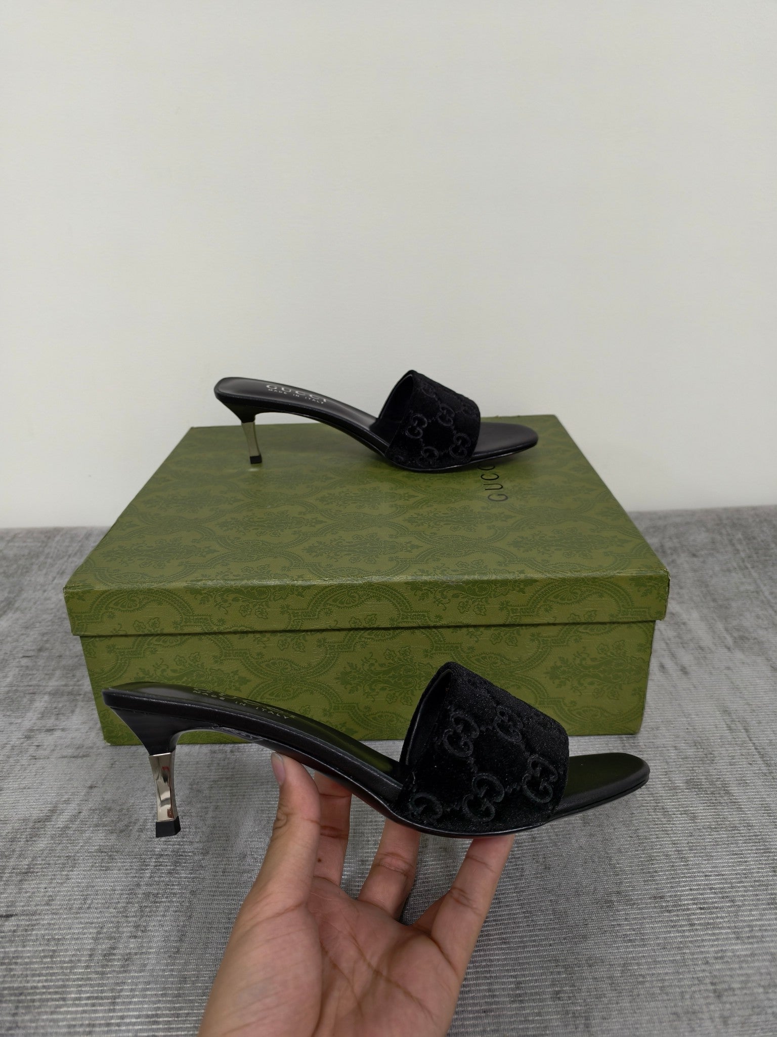 GUCCI 26S MULE SANDALS 55MM IN BLACK VELVET GG EMBOSSED
