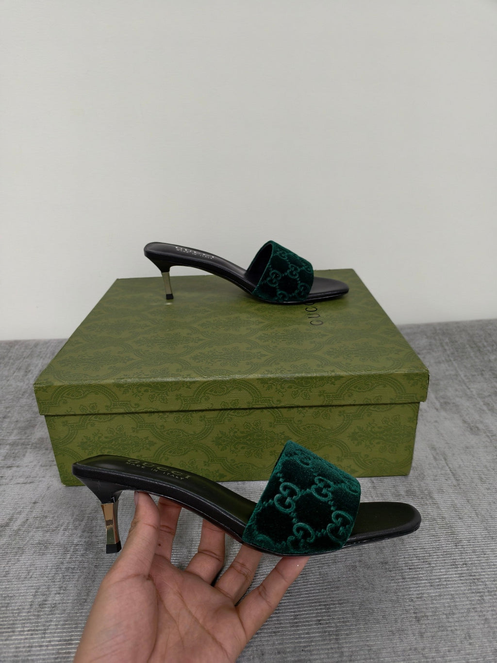 GUCCI 26S MULE SANDALS 55MM IN DARK GREEN VELVET GG EMBOSSED