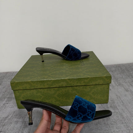 GUCCI 26S MULE SANDALS 55MM IN ROYAL BLUE VELVET GG EMBOSSED