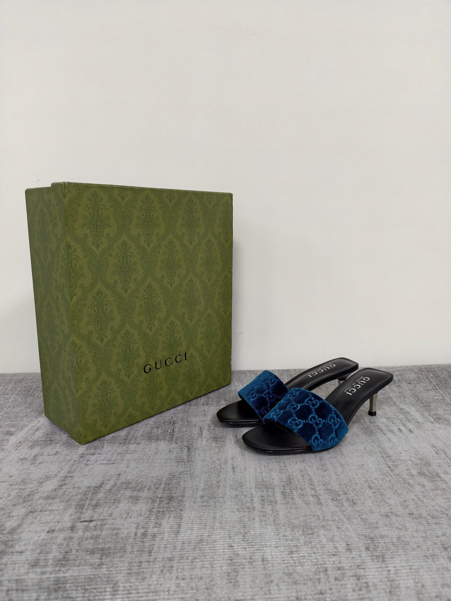 GUCCI 26S MULE SANDALS 55MM IN ROYAL BLUE VELVET GG EMBOSSED