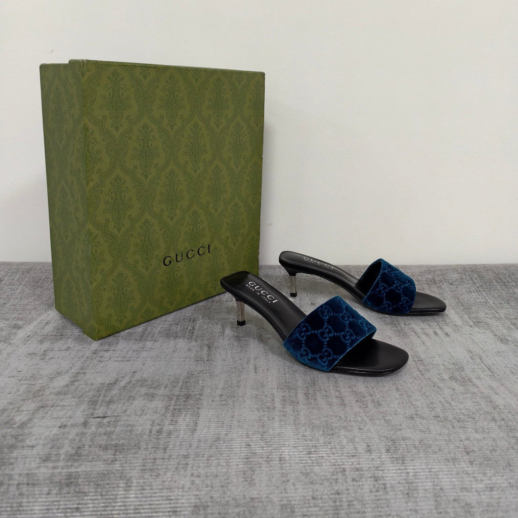 GUCCI 26S MULE SANDALS 55MM IN ROYAL BLUE VELVET GG EMBOSSED