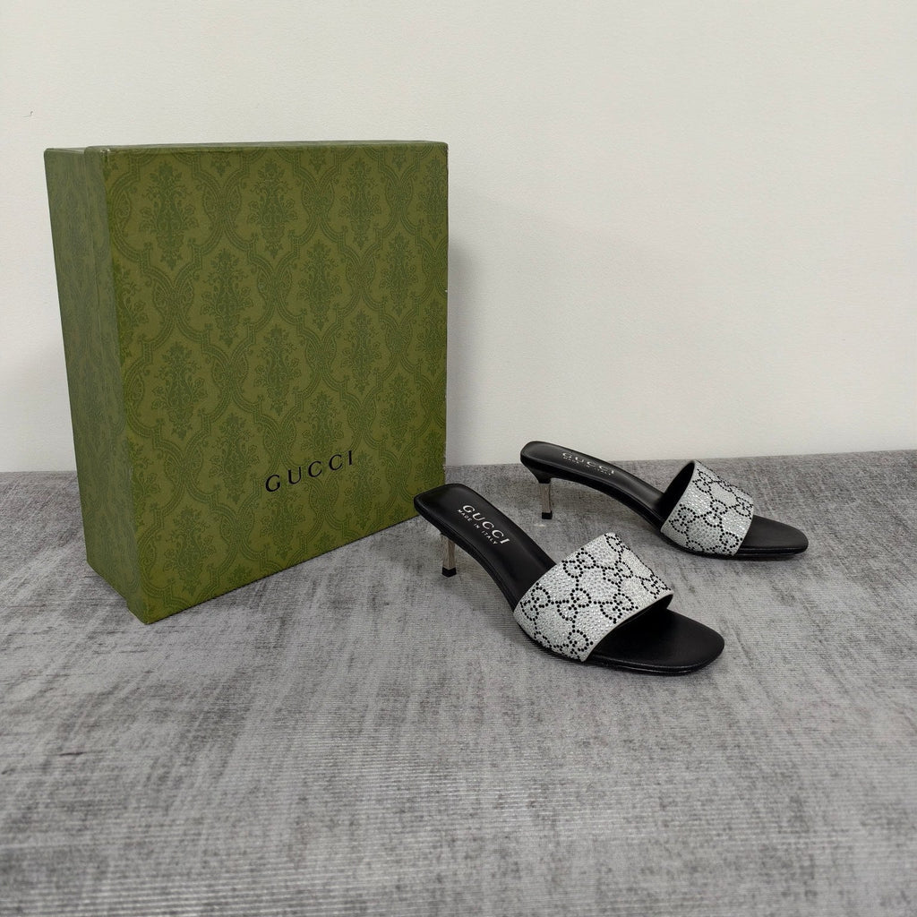 GUCCI 26S MULE SANDALS 55MM IN SILVER SATIN CRYSTAL GG