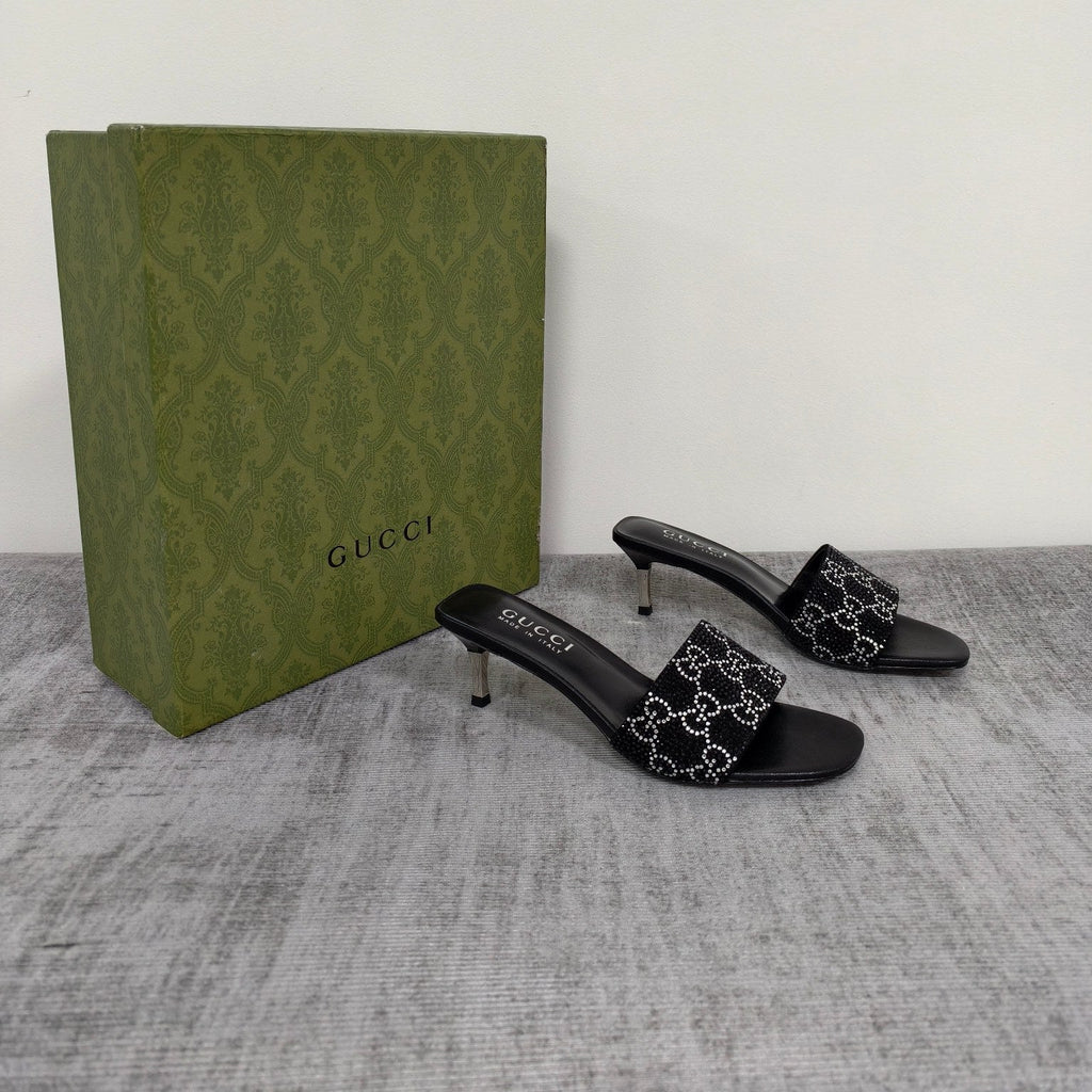 GUCCI 26S MULE SANDALS 55MM IN BLACK SATIN CRYSTAL GG