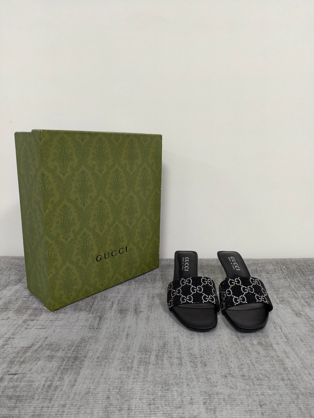 GUCCI 26S MULE SANDALS 55MM IN BLACK SATIN CRYSTAL GG