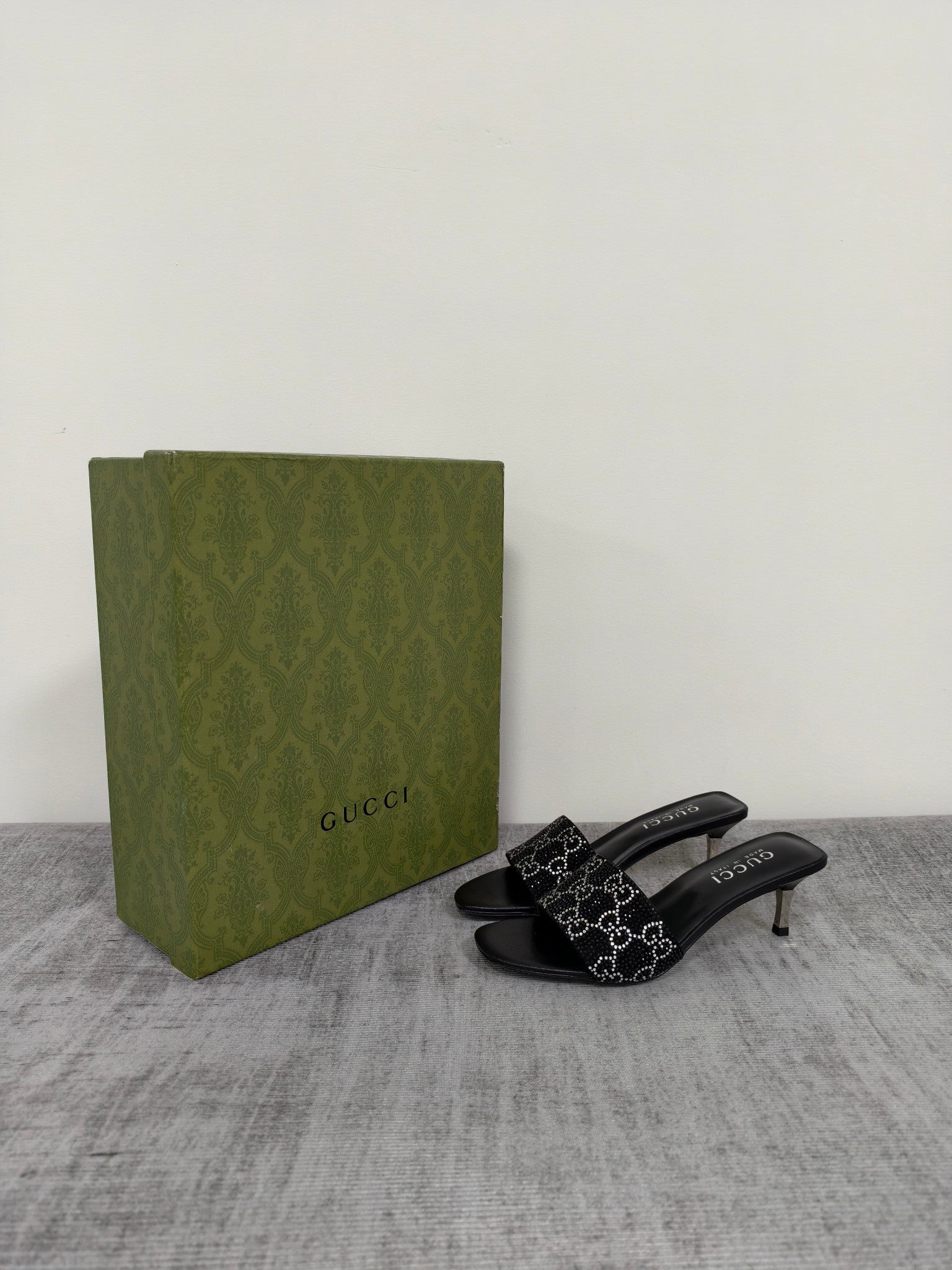 GUCCI 26S MULE SANDALS 55MM IN BLACK SATIN CRYSTAL GG