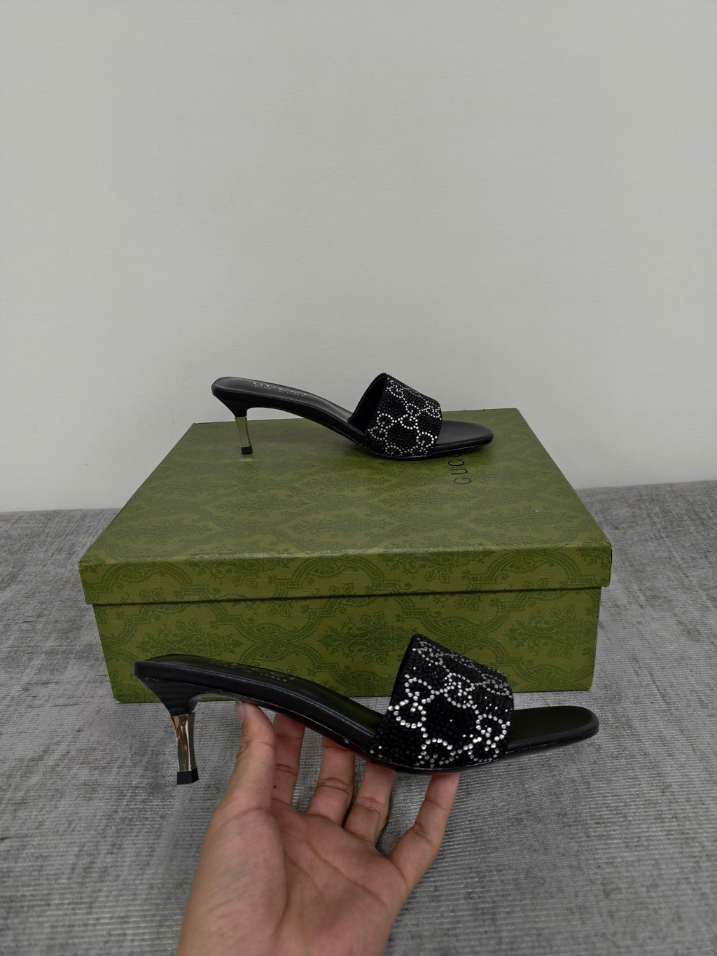 GUCCI 26S MULE SANDALS 55MM IN BLACK SATIN CRYSTAL GG