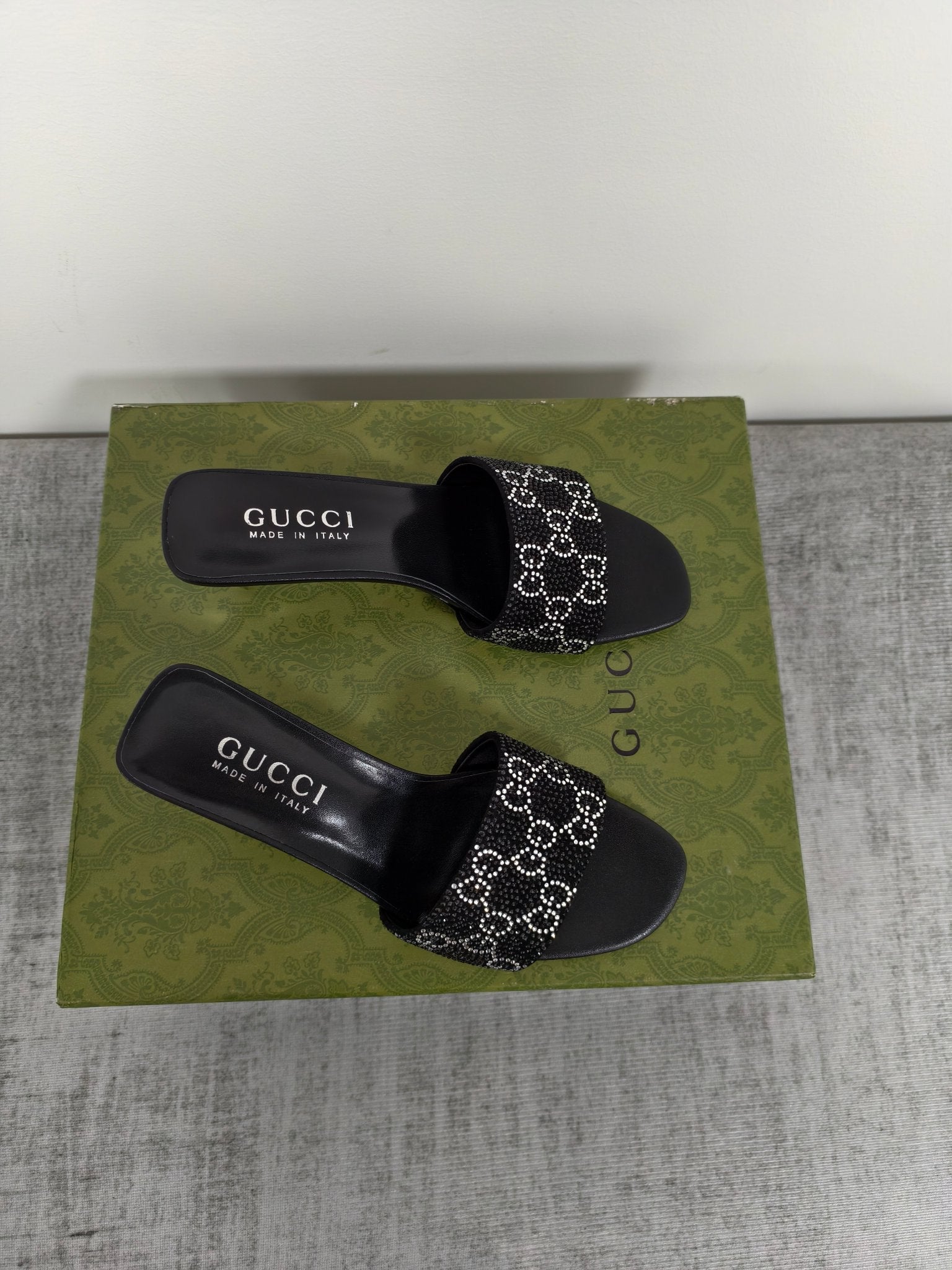GUCCI 26S MULE SANDALS 55MM IN BLACK SATIN CRYSTAL GG