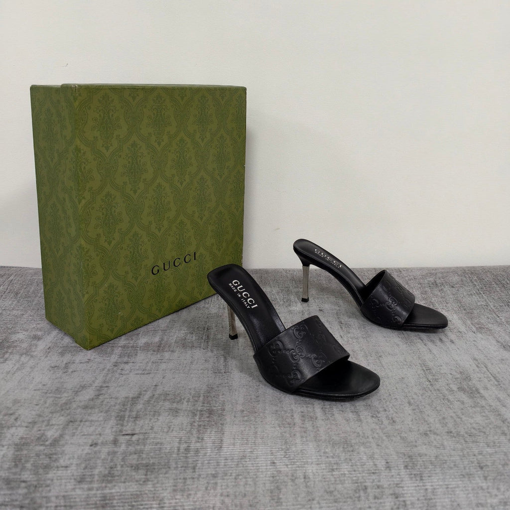 GUCCI 26S MULE SANDALS 85MM IN BLACK CALFSKIN GG EMBOSSED