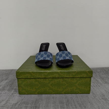 GUCCI 26S MULE SANDALS 85MM IN BLUE GG DENIM