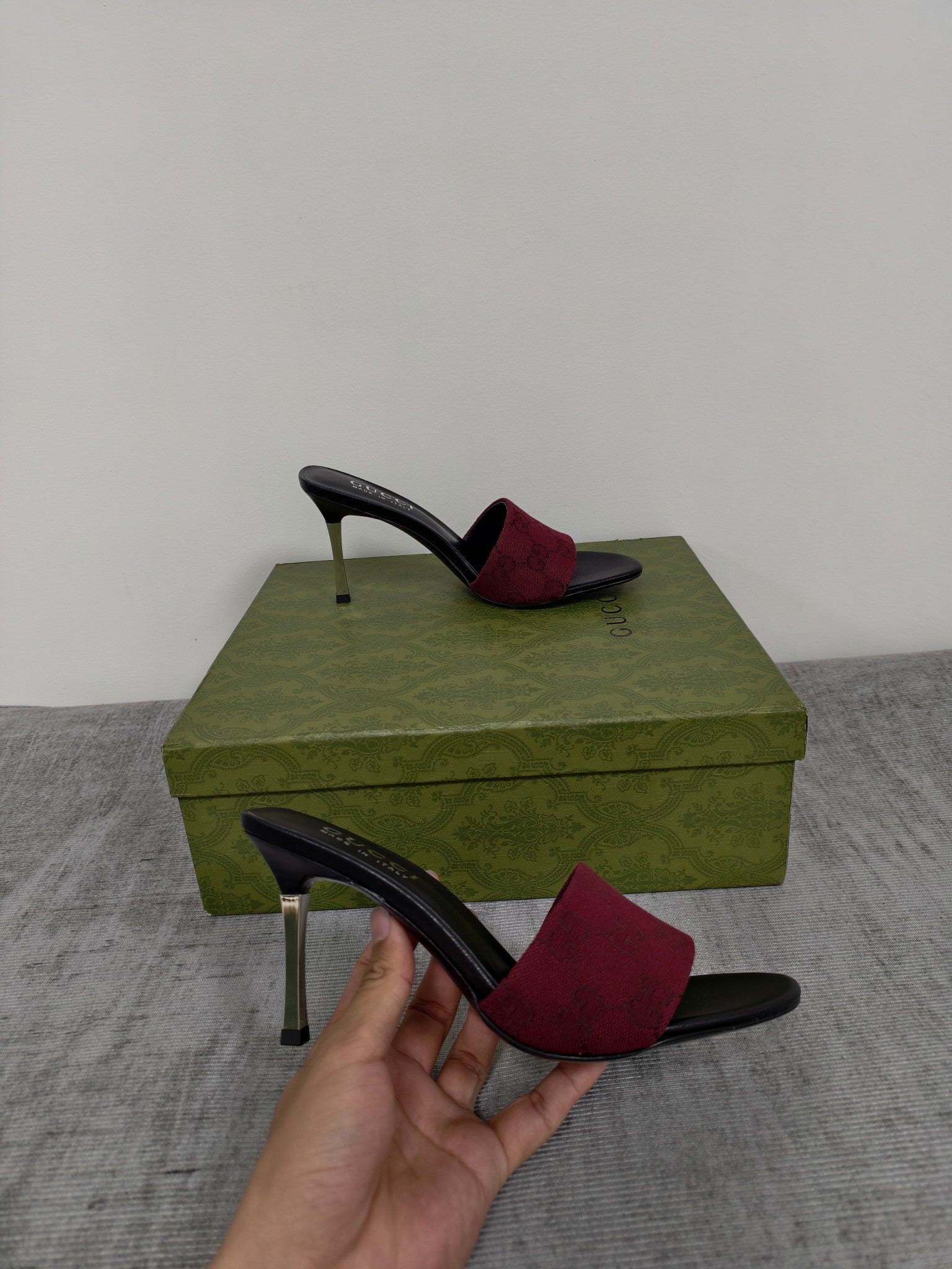 GUCCI 26S MULE SANDALS 85MM IN DARK RED GG CANVAS
