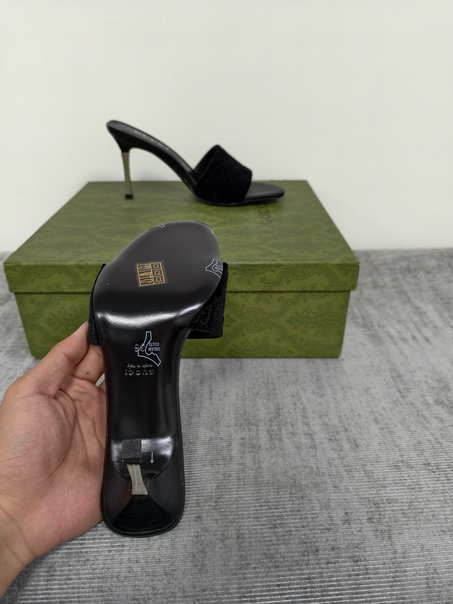 GUCCI 26S MULE SANDALS 85MM IN BLACK VELVET GG EMBOSSED