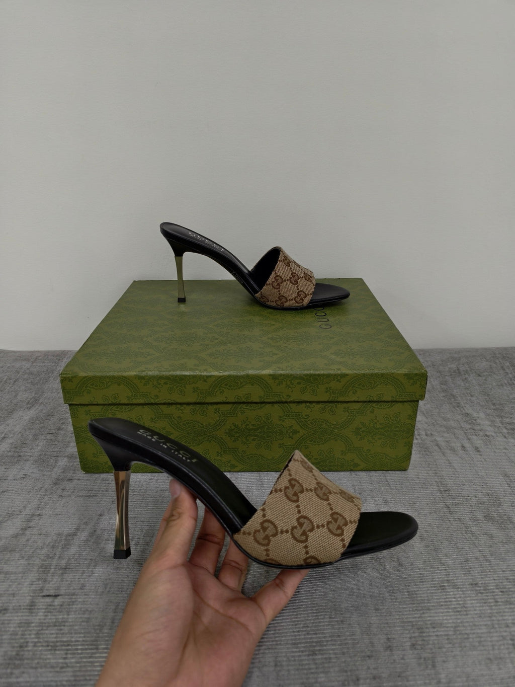 GUCCI 26S MULE SANDALS 85MM IN BEIGE BROWN GG CANVAS