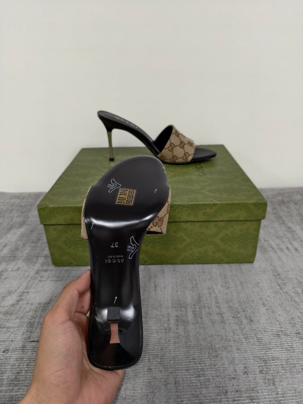GUCCI 26S MULE SANDALS 85MM IN BEIGE BROWN GG CANVAS
