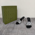 GUCCI 26S MULE SANDALS 85MM IN SILVER SATIN CRYSTAL GG