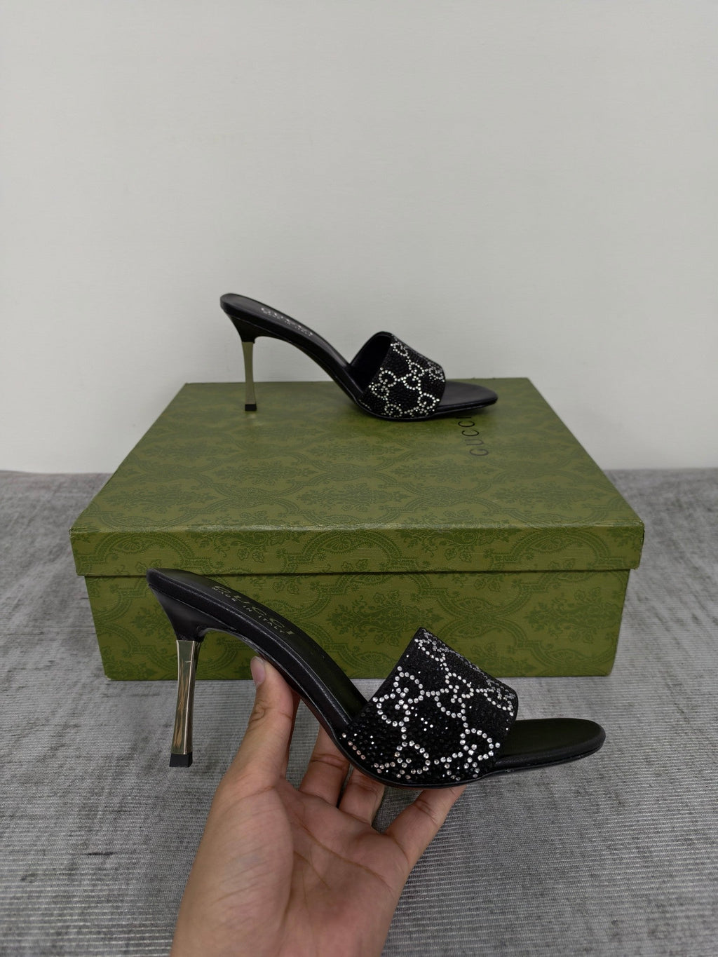 GUCCI 26S MULE SANDALS 85MM IN BLACK SATIN CRYSTAL GG