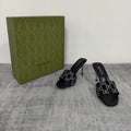 GUCCI 26S MULE SANDALS 85MM IN BLACK SATIN CRYSTAL GG