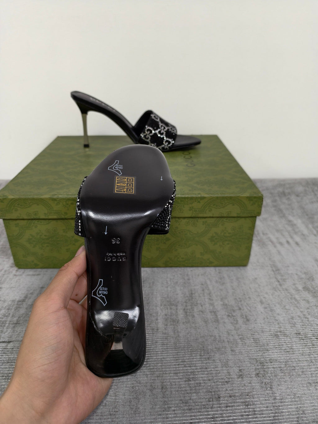 GUCCI 26S MULE SANDALS 85MM IN BLACK SATIN CRYSTAL GG
