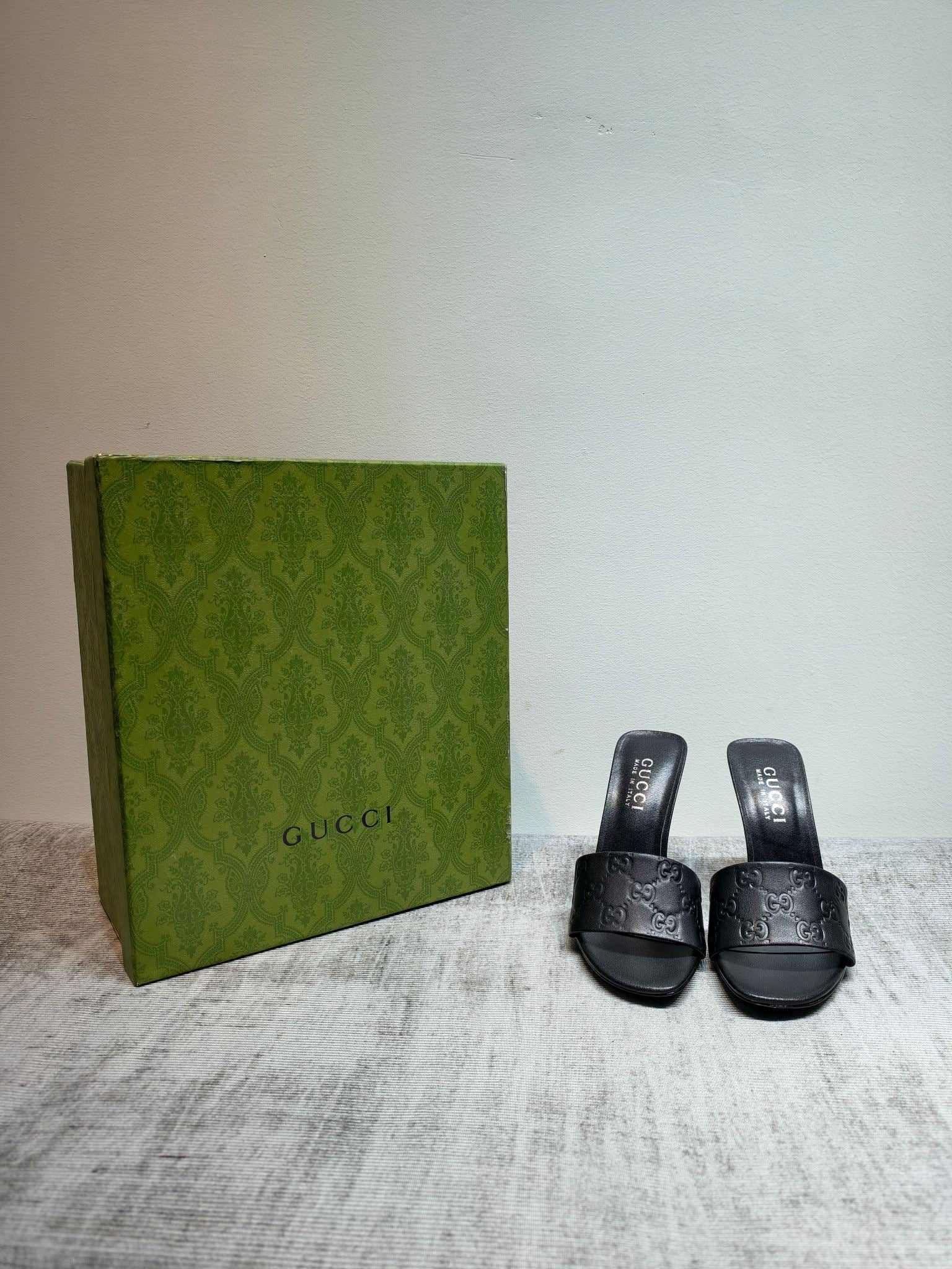 GUCCI 26S MULE SANDALS 110MM IN BLACK CALFSKIN GG EMBOSSED