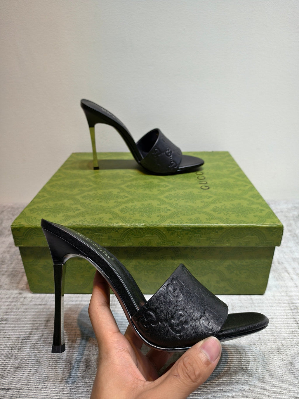GUCCI 26S MULE SANDALS 110MM IN BLACK CALFSKIN GG EMBOSSED