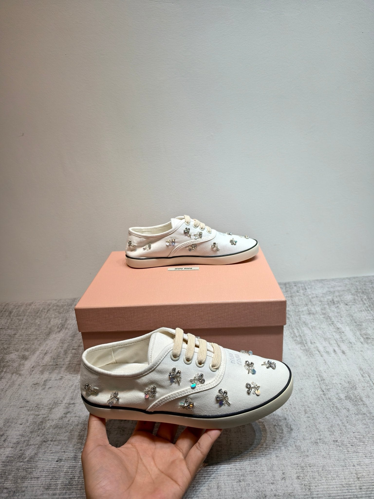 MIUMIU 26S LOW TOP SNEAKERS IN WHITE CANVAS CRYSTAL-EMBELLISHED