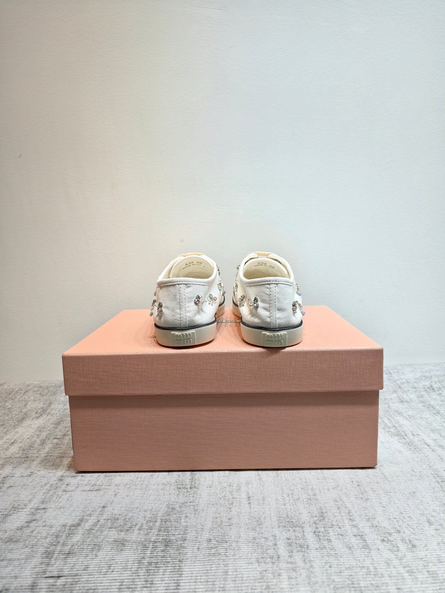 MIUMIU 26S LOW TOP SNEAKERS IN WHITE CANVAS CRYSTAL-EMBELLISHED